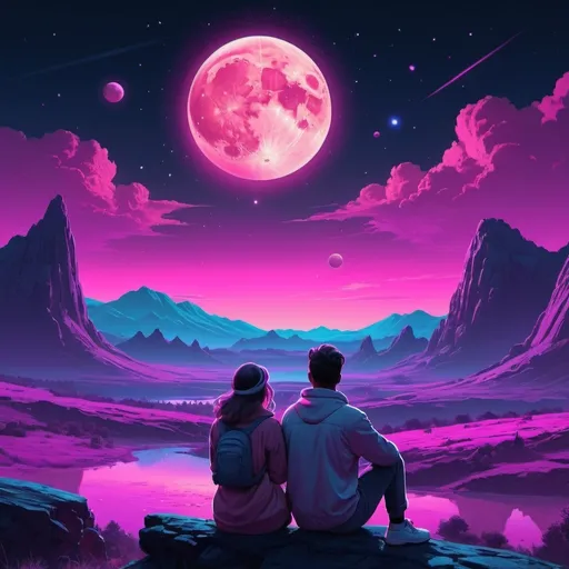 Prompt: A couple watching the moon, planets and the cosmos setting over a landscape. Neon aesthetic. 