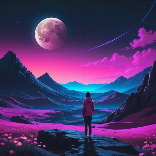 Prompt: A person watching the moon and cosmos setting over a landscape. Neon aesthetic 