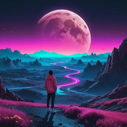 Prompt: A person watching the moon, planets, and cosmos setting over a landscape. Neon aesthetic. 