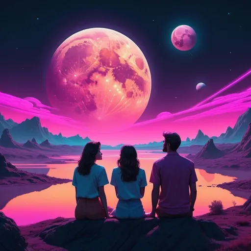 Prompt: A passionate couple watching the moon, planets, and the cosmos setting over a landscape. Neon aesthetic. 