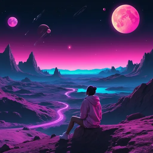 Prompt: A person watching planets, the moon, and the cosmos over a landscape. Neon aesthetic. 