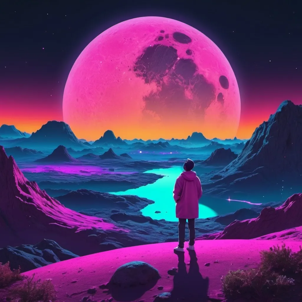 Prompt: A person watching planets, the moon, and the cosmos over a landscape. Neon aesthetic. 