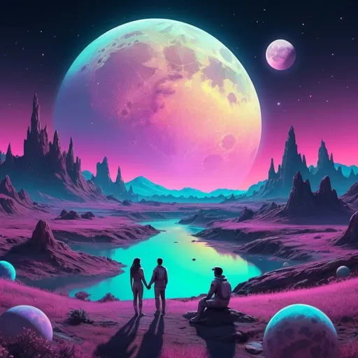 Prompt: A couple the moon, planets, and the cosmos setting over a landscape. Neon iridescent aesthetic. Highly detailed.