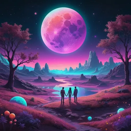 Prompt: A couple the moon, planets, and the cosmos setting over a landscape. Neon iridescent aesthetic. Highly detailed.