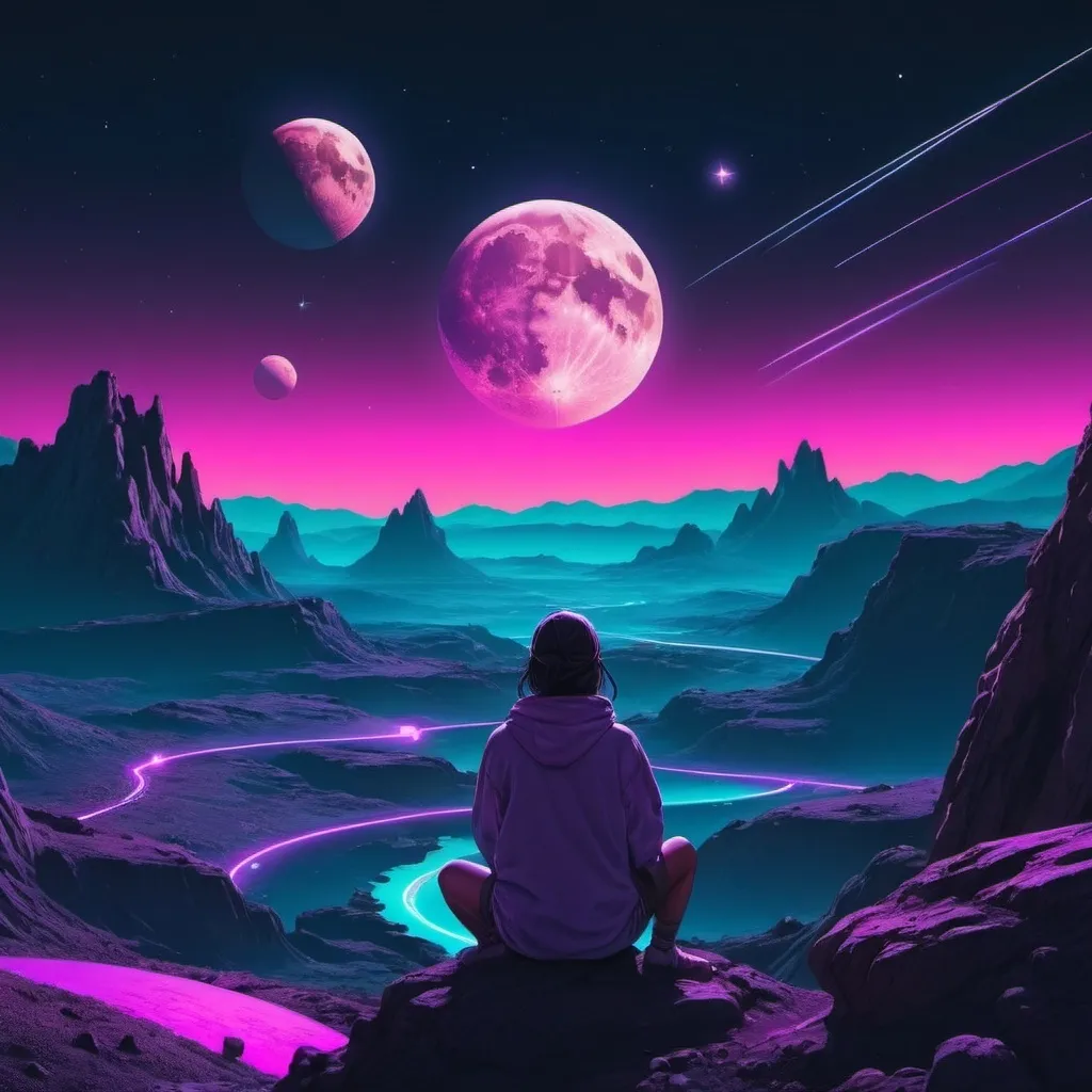 Prompt: A person watching planets, the moon, and the cosmos over a landscape. Neon aesthetic. 