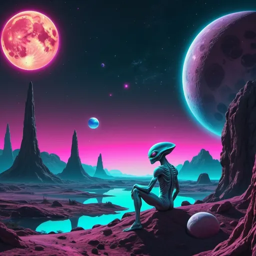 Prompt: An alien watching the moon, planets, and the cosmos setting over a landscape. Neon aesthetic all colors. Highly detailed.