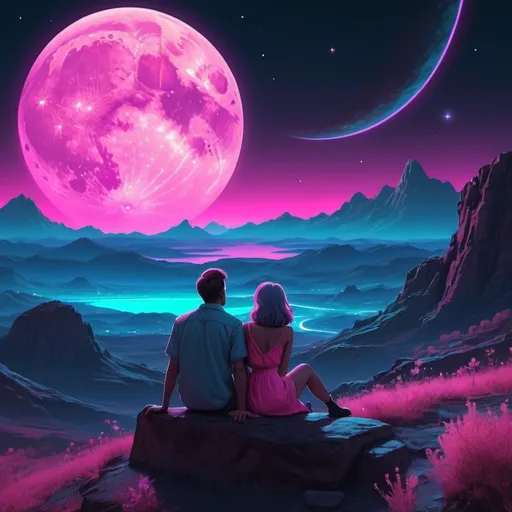 Prompt: A passionate couple watching the moon, planets, and the cosmos setting over a landscape. Neon aesthetic. 