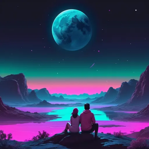 Prompt: A couple watching the moon, planets and the cosmos setting over a landscape. Neon aesthetic. 