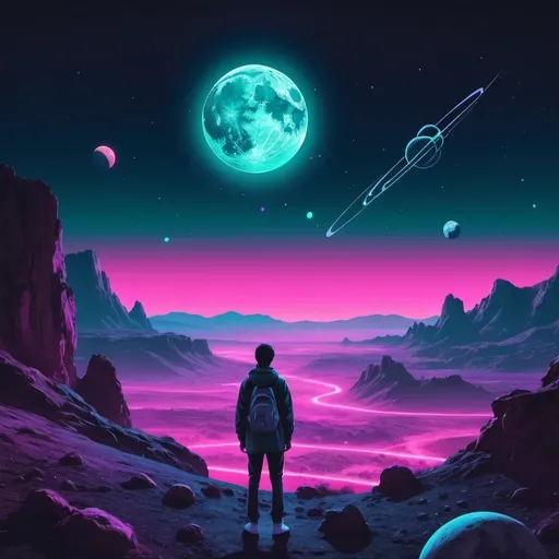 Prompt: A person watching the moon, planets, and cosmos setting over a landscape. Neon aesthetic. 