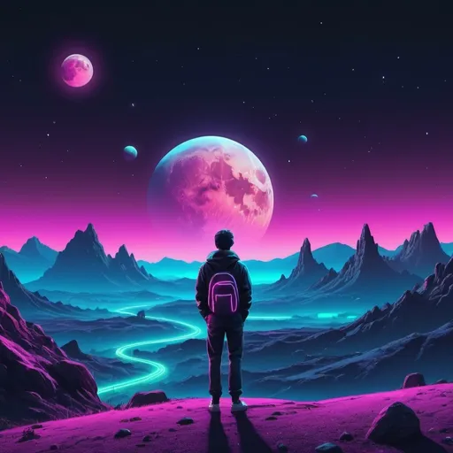 Prompt: A person watching planets, the moon, and the cosmos over a landscape. Neon aesthetic. 