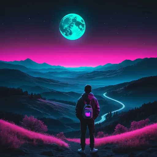 Prompt: Someone watching a moon setting over a landscape with the cosmos. Neon aesthetic 