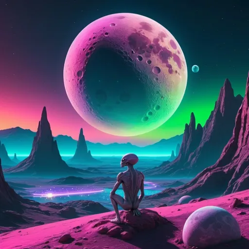 Prompt: An alien watching the moon, planets, and the cosmos setting over a landscape. Neon aesthetic all colors. Highly detailed.