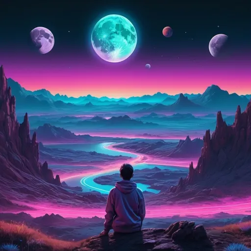 Prompt: A person watching the moon, planets, and the cosmos setting over a landscape. Neon iridescent aesthetic. Highly detailed.