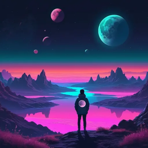 Prompt: A person watching the moon, planets, and cosmos setting over a landscape. Neon aesthetic. 