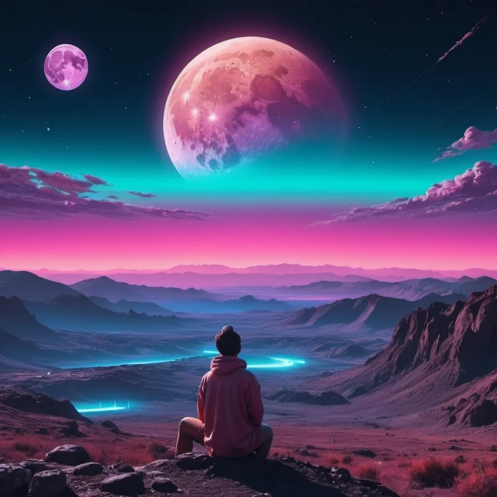 Prompt: A person watching the moon, planets, and the cosmos setting over a landscape. Future neon aesthetic. 