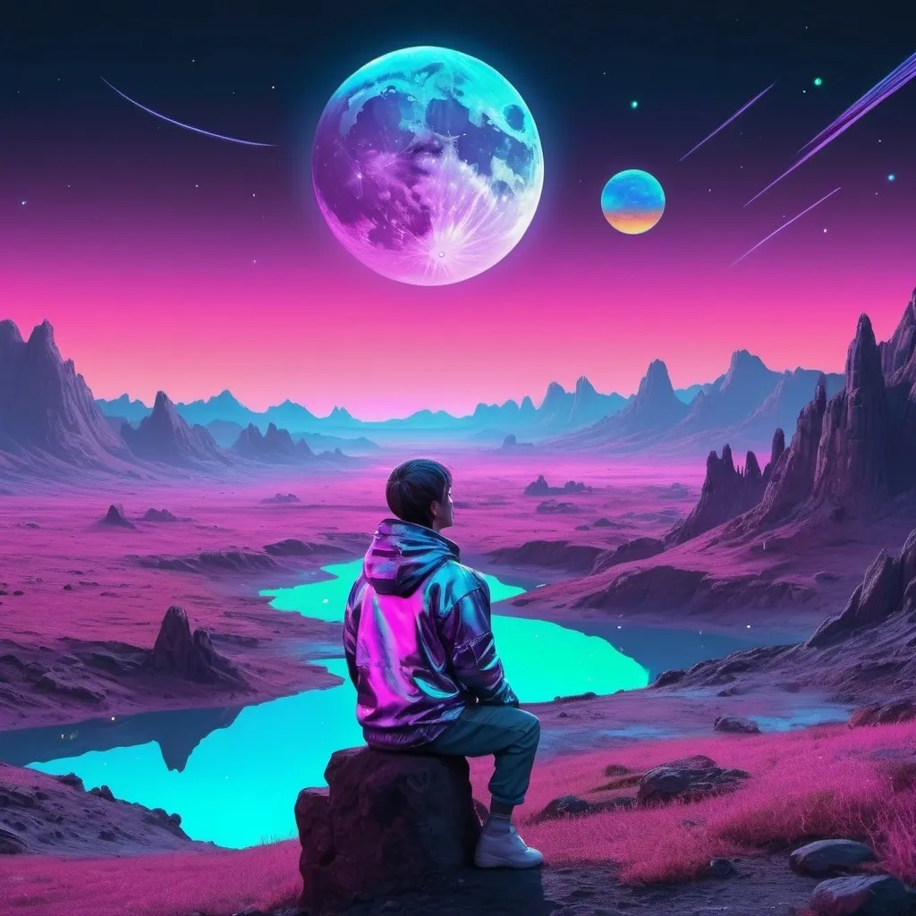 Prompt: A person watching the moon, planets, and the cosmos setting over a landscape. Neon iridescent aesthetic. Highly detailed.