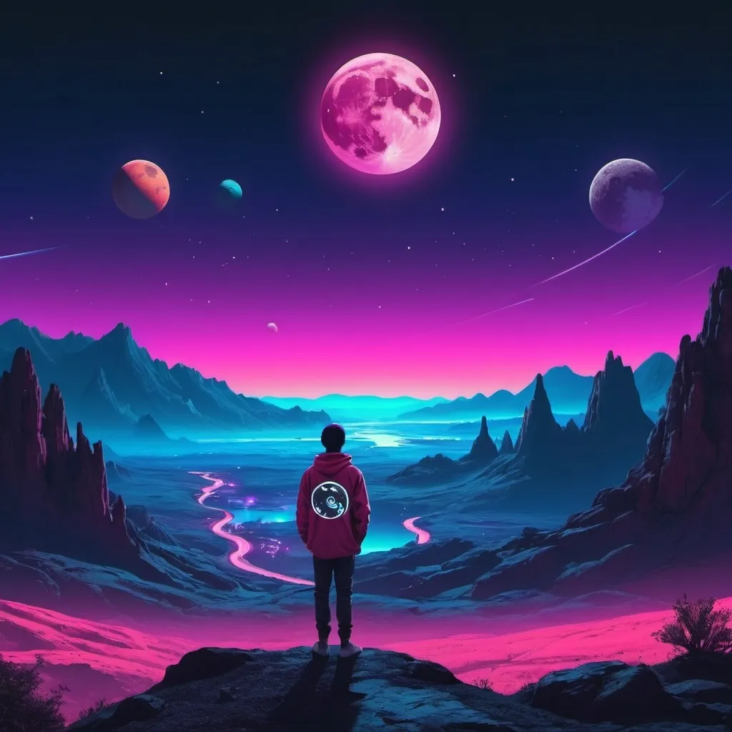 Prompt: A person watching the moon, planets, and cosmos setting over a landscape. Neon aesthetic. 