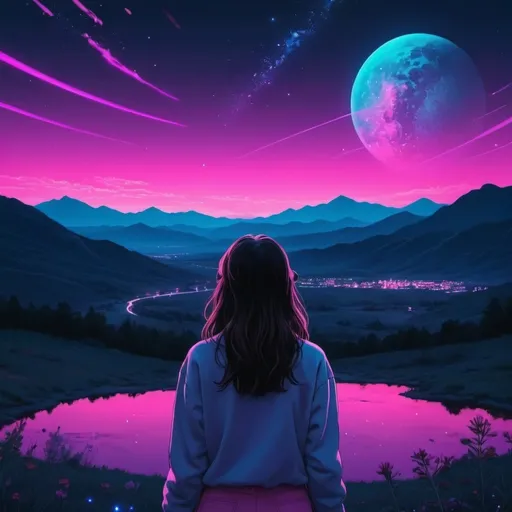 Prompt: A girl watching the setting cosmos over a landscape. Neon aesthetic 