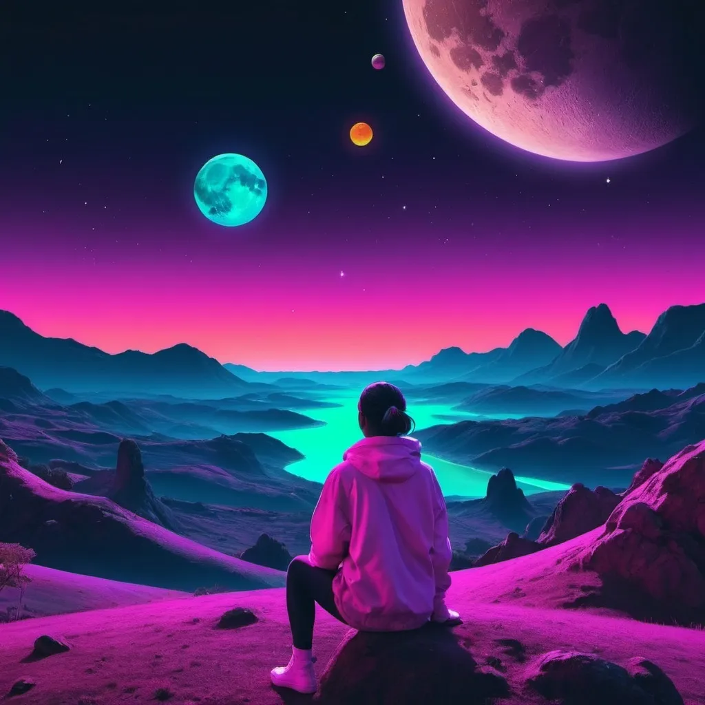 Prompt: A person watching planets, the moon, and the cosmos over a landscape. Neon aesthetic. 