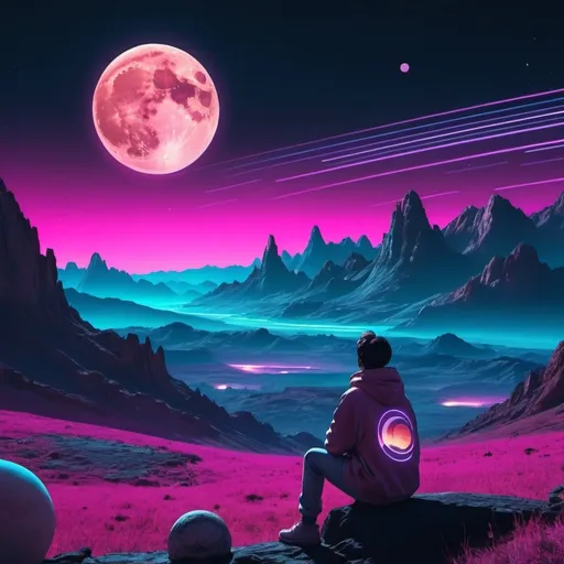 Prompt: A person watching the moon, planets, and the cosmos setting over a landscape. Neon aesthetic. 