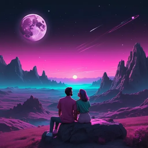 Prompt: A passionate couple watching the moon, planets, and the cosmos setting over a landscape. Neon aesthetic. 