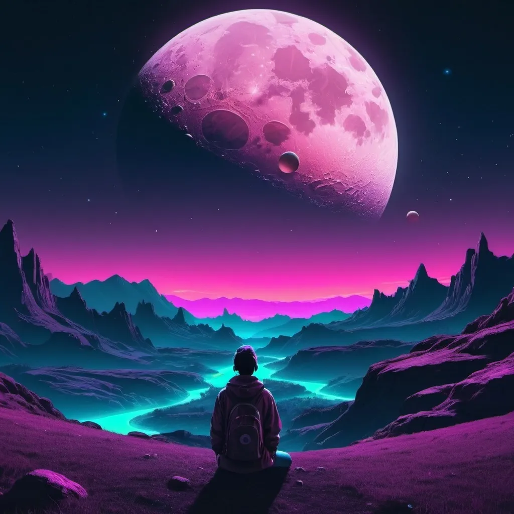 Prompt: A person watching planets, the moon, and the cosmos over a landscape. Neon aesthetic. 