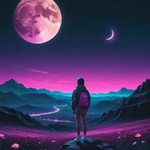 Prompt: A person watching the moon and cosmos setting over a landscape. Neon aesthetic. 