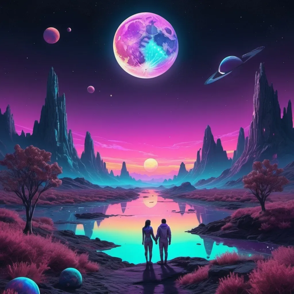 Prompt: A couple the moon, planets, and the cosmos setting over a landscape. Neon iridescent aesthetic. Highly detailed.