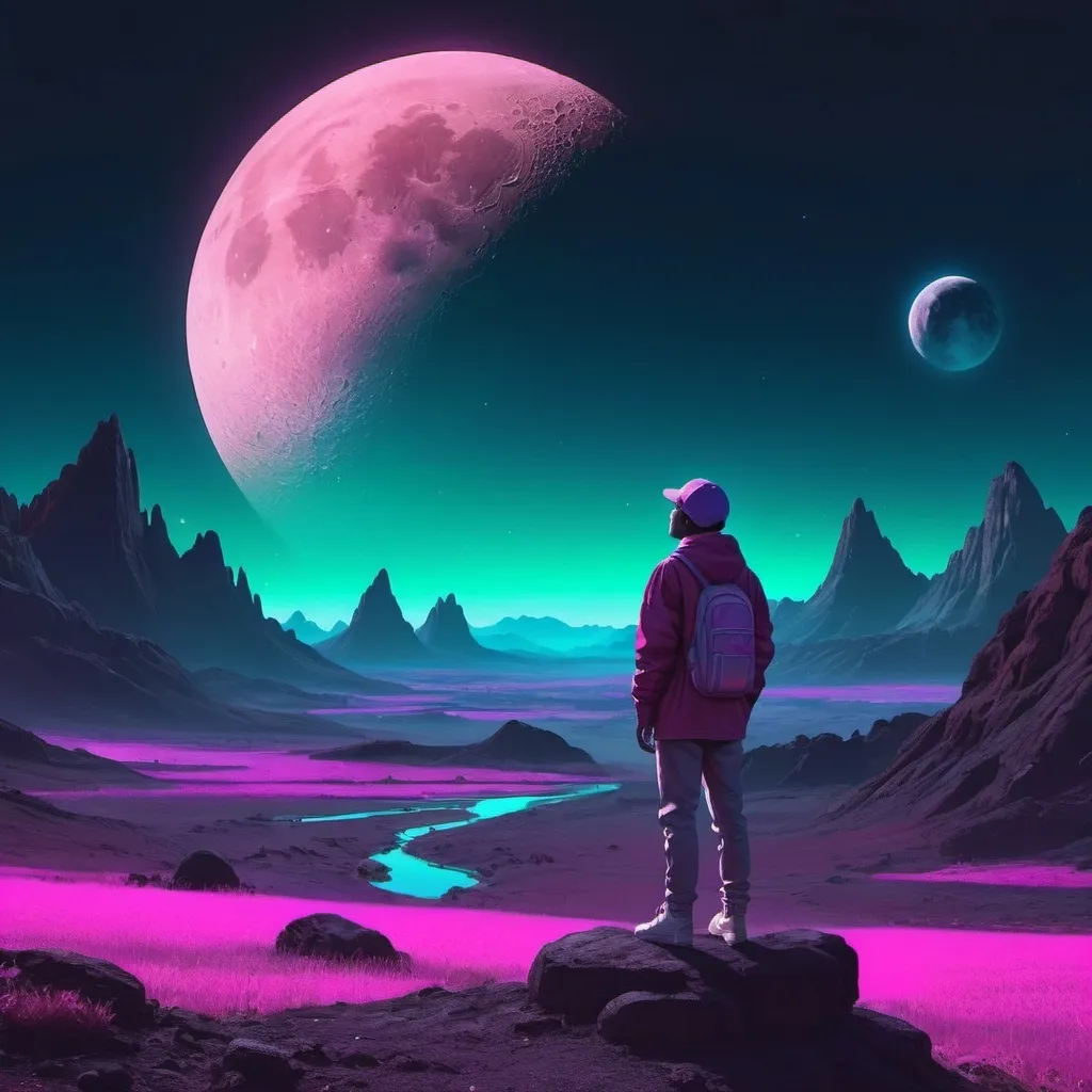 Prompt: A person watching the moon, planets, and cosmos setting over a landscape. Neon aesthetic. 