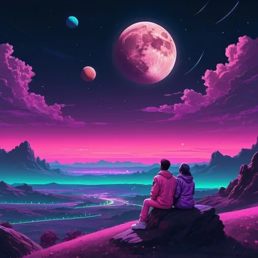 Prompt: A couple watching the moon, planets and the cosmos setting over a landscape. Neon aesthetic. 