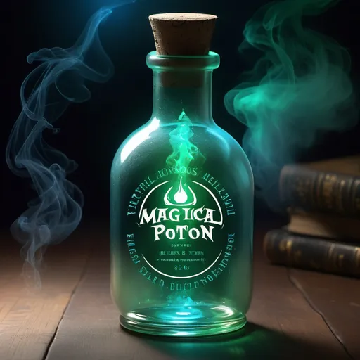 Prompt: Magical Potion Bottle: A glowing green or blue glass bottle with a soft light shining from within. The bottle can be surrounded by magical mist or steam to evoke a sense of healing energy and mystical power. You can also include a label with old, mysterious lettering on the bottle, featuring the name of the potion and the company’s logo engraved on it.