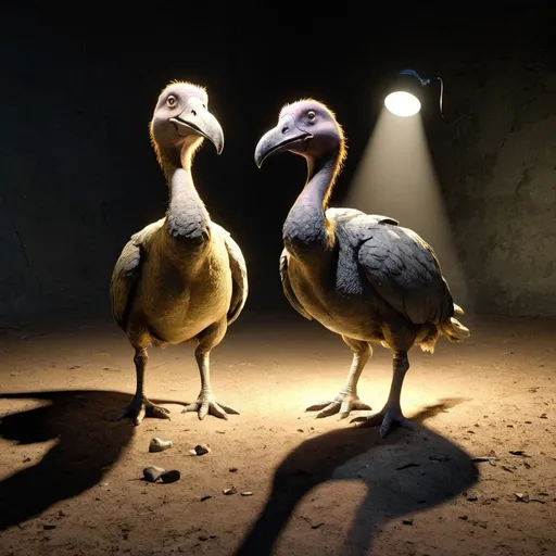 Prompt: 3 dodos on the ground, one dodo in the foreground looks at the camera with a spotlight illuminating it from above
