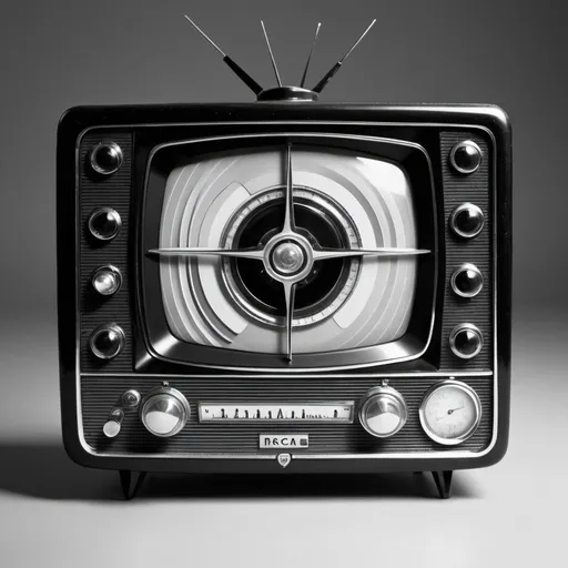 Prompt: End of Transmission TV card in the style of 1950s RCA, vintage, in black and white