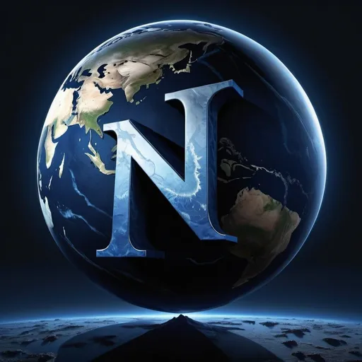 Prompt: Gigantic letter N perched on Earth, dark blue liquid enveloping globe, highres, ultra-detailed, surreal, liquid texture, massive scale, planetary, dark and mysterious, dramatic lighting, surrealistic, earth, letter N, giant, atmospheric, celestial, detailed texture, otherworldly, high quality, surreal art, cosmic, intense shadows