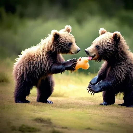 Prompt: baby bear fighting a dinnossaur

