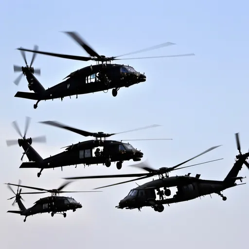 Prompt: MH-60 Black Hawk flying in formation with a AH-64 Longbow