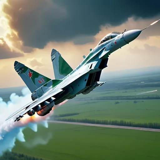 Prompt: MiG-29 firing missile over a field