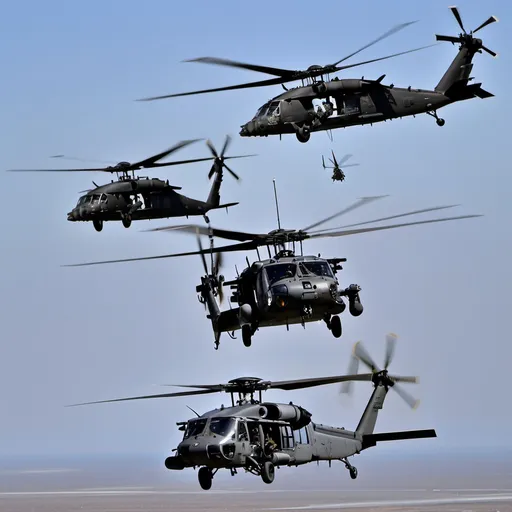 Prompt: MH-60 Black Hawk flying in formation with a AH-64 Longbow