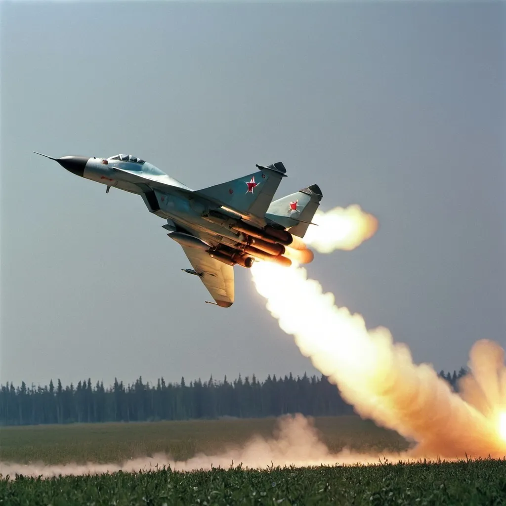 Prompt: MiG-29 firing missile over a field