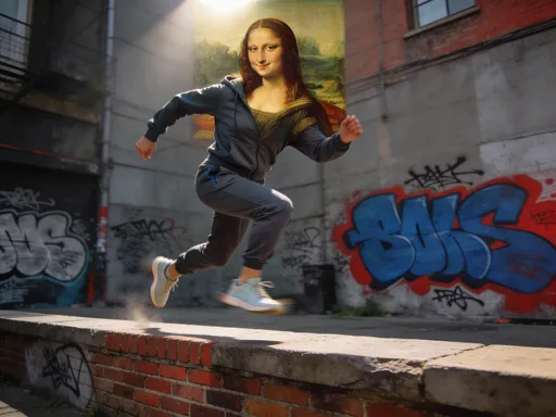 Prompt: Een moderne interpretatie van de Mona Lisa in een freerun-stijl. Ze springt elegant van een lage muur naar een hogere richel in een stedelijke omgeving met bakstenen muren en graffiti. Ze draagt een comfortabele, sportieve outfit: een strakke hoodie, joggers en lichte sneakers. Haar iconische glimlach blijft behouden. Het licht valt zacht van boven, waardoor haar gezicht en beweging benadrukt worden. Kleuren zijn een mix van de warme, klassieke tonen van het origineel en stedelijke tinten zoals grijs, blauw en rood. Er is een subtiele blur bij haar voeten om snelheid en beweging te suggereren. De compositie vangt haar gratie en balans, en combineert Renaissance-charme met moderne urban energie.