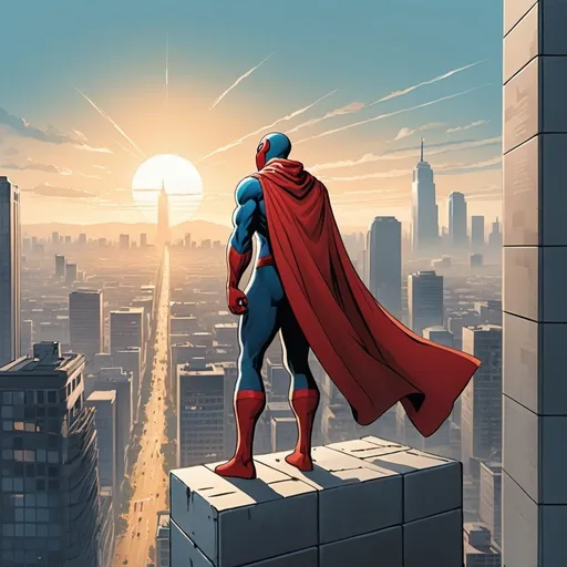 Prompt: comic book art of a city scape, a masked superhero can be seen perched on a building facing away from the viewer overlooking the city, city background will transition from day to night 