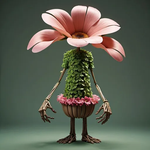 Prompt: A CHARACTER MADE ENTIRELY OUT OF A TALL FLOWER WITH LIMBS MADE OF STEMS AND A HEAD MADE OUT OF A PETAL. IT APPEARS TO BE DANCING IN A FLOWER POT. IT SEEMS TO BE GROWING OUT OF THE FLOWER POT. ULTRA HIG DEFINITION IMAGE. PORTRAIT FORMAT.