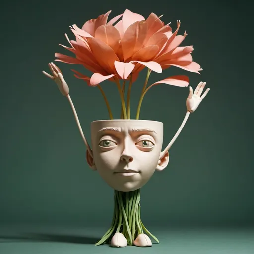 Prompt: A CHARACTER MADE ENTIRELY OUT OF A TALL FLOWER WITH LIMBS MADE OF STEMS AND A HEAD MADE OUT OF A PETAL. IT APPEARS TO BE DANCING IN A FLOWER POT. IT SEEMS TO BE GROWING OUT OF THE FLOWER POT. ULTRA HIG DEFINITION IMAGE. PORTRAIT FORMAT.