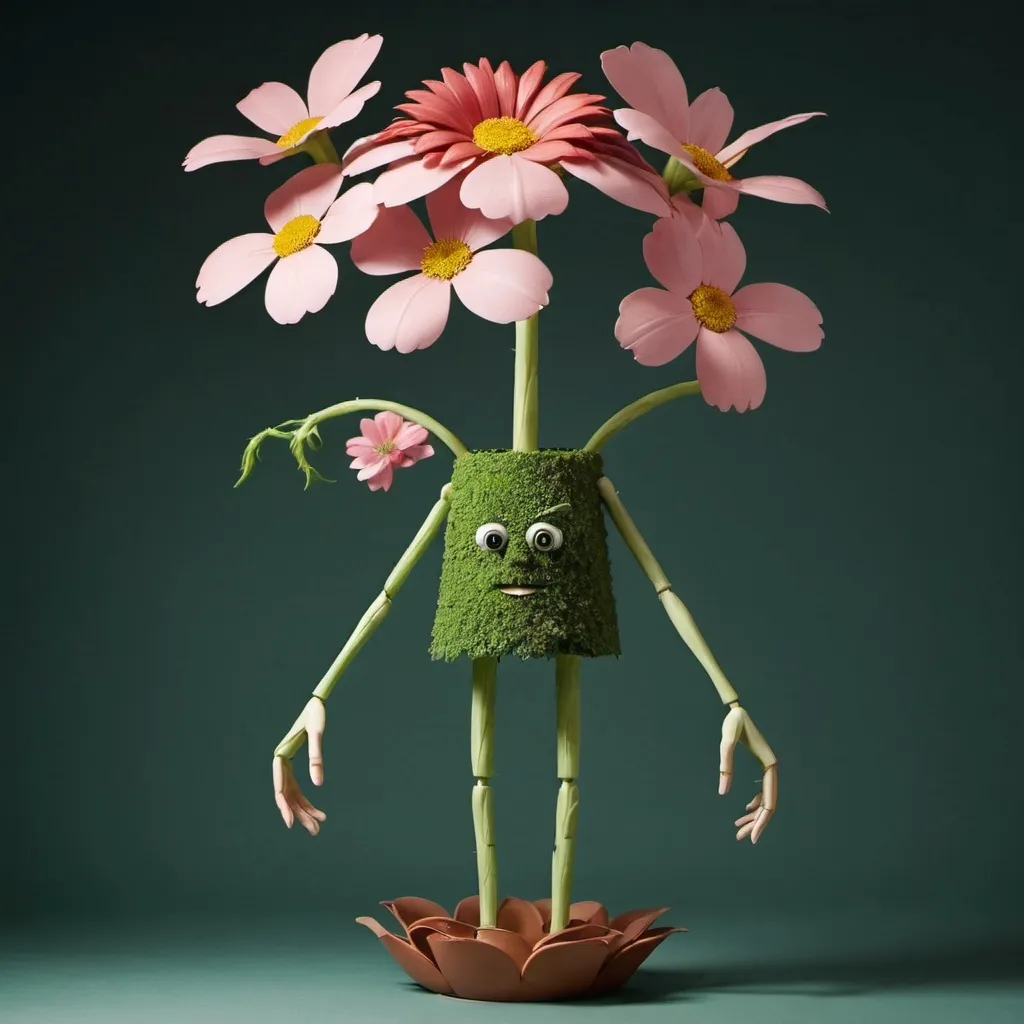 Prompt: A CHARACTER MADE ENTIRELY OUT OF A TALL FLOWER WITH LIMBS MADE OF STEMS AND A HEAD MADE OUT OF A PETAL. IT APPEARS TO BE DANCING IN A FLOWER POT. IT SEEMS TO BE GROWING OUT OF THE FLOWER POT. ULTRA HIG DEFINITION IMAGE. PORTRAIT FORMAT.