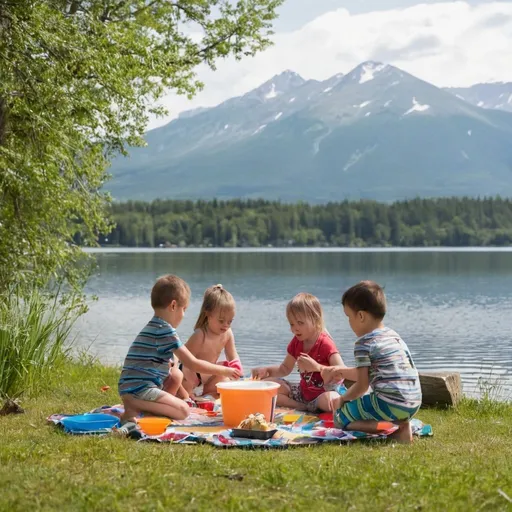 Prompt: piknik at the lake kids playing