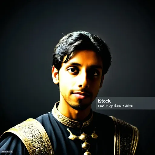 Prompt: Portrait of a handsome rashidun warrior, wearing rashidun caliphate Warrior suit, dark black background, 4k