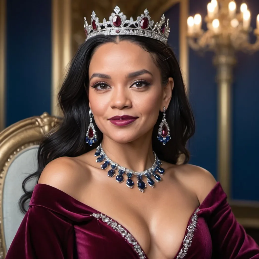 Prompt: head and shoulders Mature islander queen with silky black hair over her shoulder.  smirk. Ruby earrings. Burgundy formal gown indigo highlights. Throne room rhianna sophia vegara jeweled silver crown
