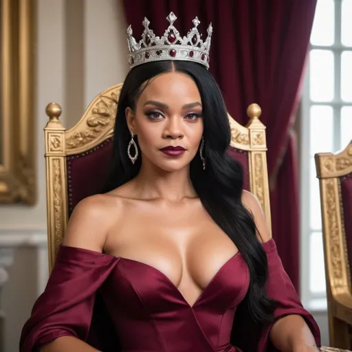 Prompt: head and shoulders Mature islander queen with silky black hair down her shoulders. Noble face. smirk. Ruby earings. Burgundy gown. Throne room rhianna crown
