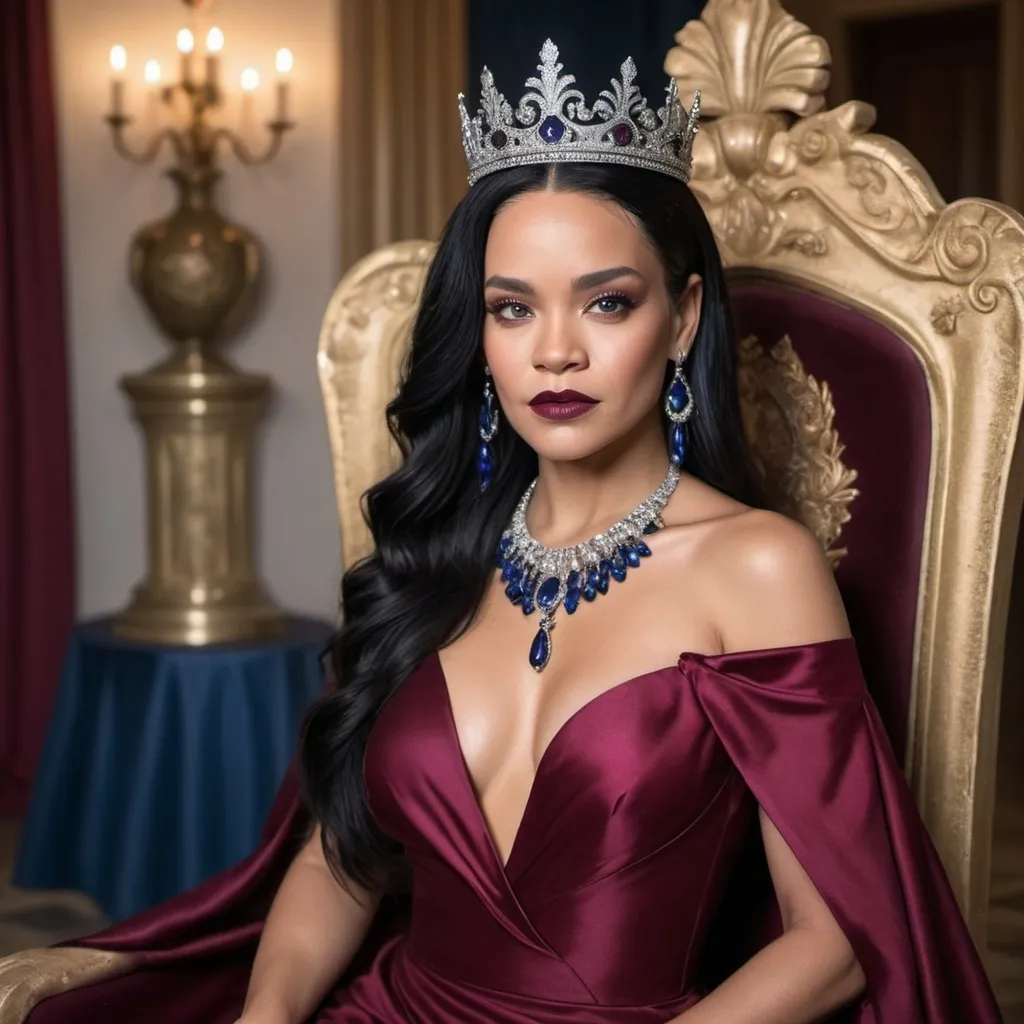 Prompt: head and shoulders Mature islander queen with silky black hair over her shoulder.  sinister. Ruby earrings. Burgundy formal gown indigo highlights. Throne room rhianna sophia vegara jeweled silver crown
