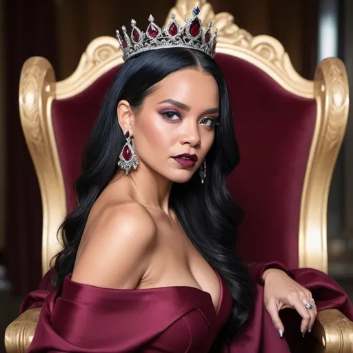 Prompt: head and shoulders Mature islander queen with silky black hair over her shoulder.  sinister. Ruby earrings. Burgundy formal gown indigo highlights. Throne room rhianna sophia vegara jeweled silver crown
